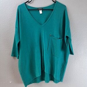 Kerisma Teal Green Sweater S/M V-Neck 3/4 Sleeve Drop Shoulder Wool Blend Pocket